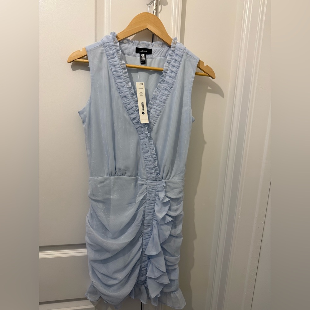 Aqua Pale Blue Ruffled V-Neck Midi Dress